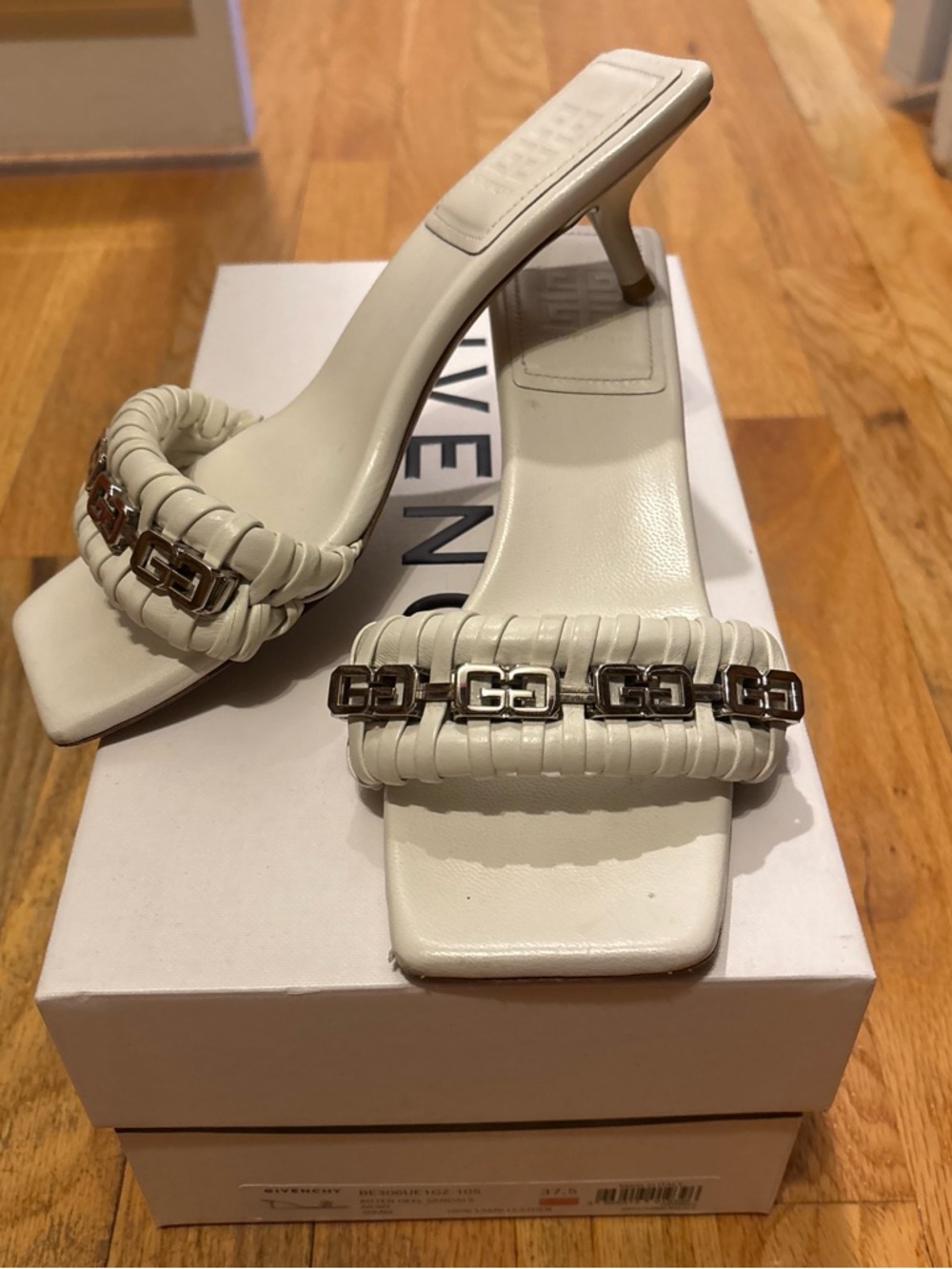 Givenchy White Braided Square-Toe Slide Mules with Metallic Chain